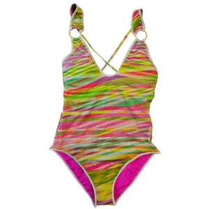 Becca Women's Multicolor Striped V Neckline One Piece Swimsuit Size Large